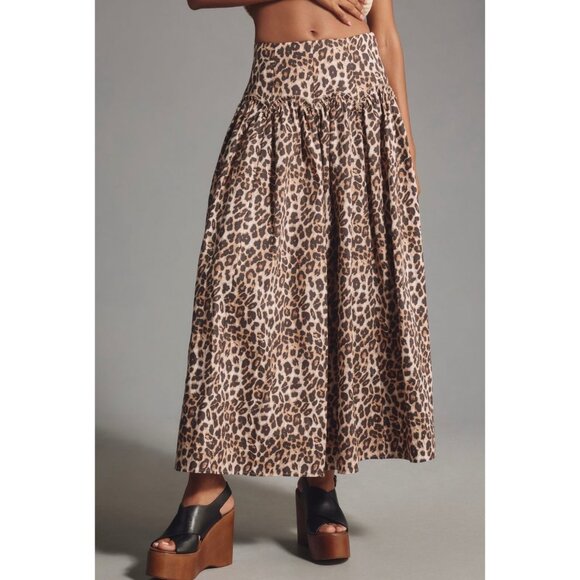 Mare Mare X Anthropologie Basque-Waist Leopard Print Maxi Skirt Size M Brown - Picture 1 of 9